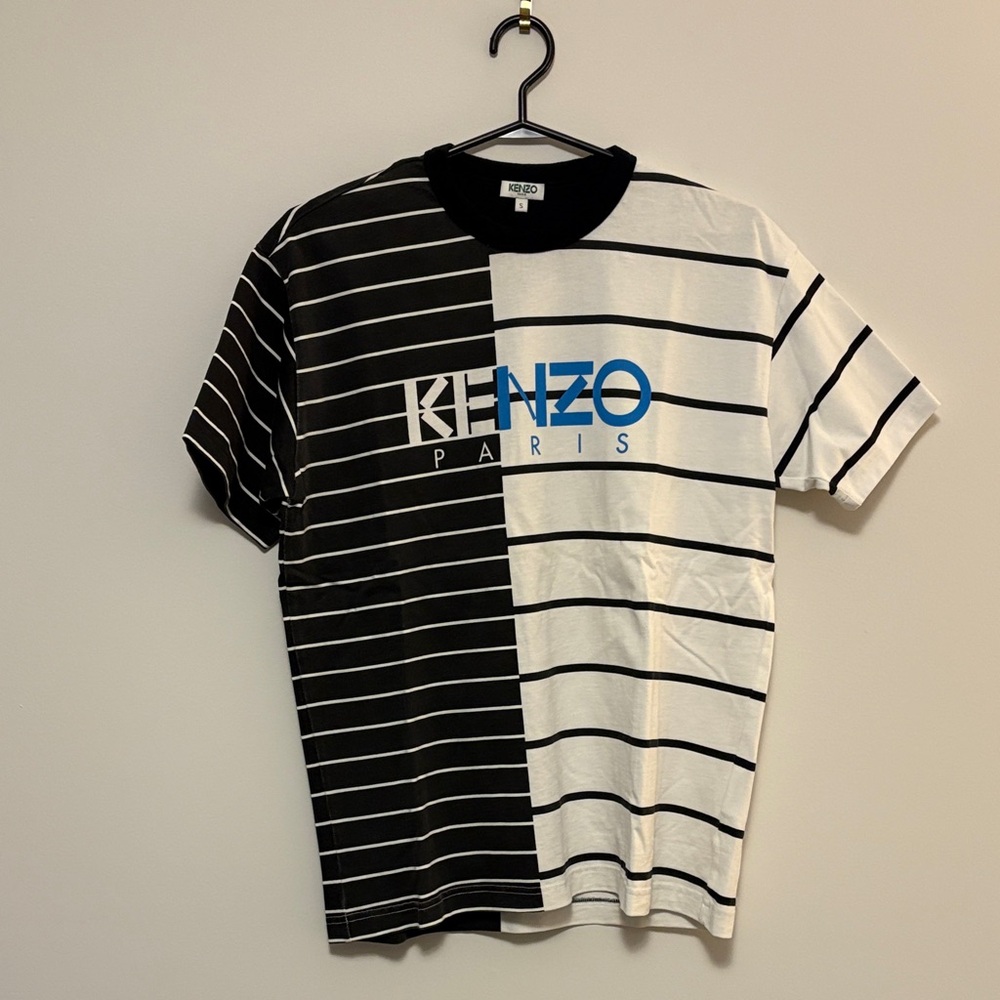 Kenzo Black White Striped Short Sleeve Tee with Blue Logo